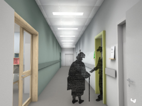 Les encadrements de portes des espaces dans lesquels les patients sont invités à se rendre sont en relief et en couleur : séjour, salle de soin et toilettes. 