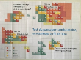 Le passeport ambulatoire. Phase de test. Cartographie des ambassadeurs. Chaque carré représente un ambassadeur. Les couleurs correspondent à des corps de métiers. Crédit : La Fabrique de l'hospitalité
